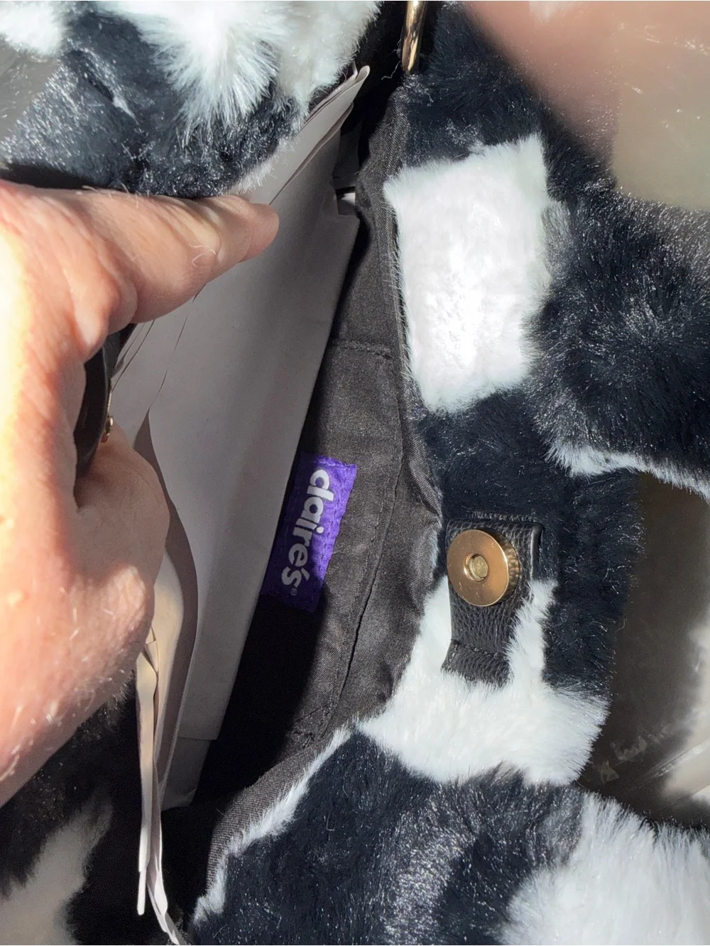 Claire's Black & White Checkerboard Faux Fur Tote